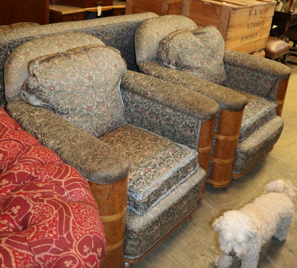 An Art Deco upholstered birds eye maple three piece lounge suite, settee W.168cm, D.100cm, H.86cm